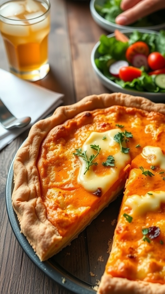 Sweet Potato Quiche Recipe A slice of sweet potato quiche with a golden crust, filled with sweet potatoes and cheese, garnished with herbs, on a rustic table.